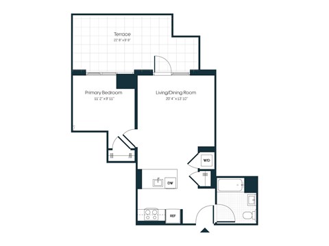Floor plan for 1 bed, 1 bath, 629 sqft