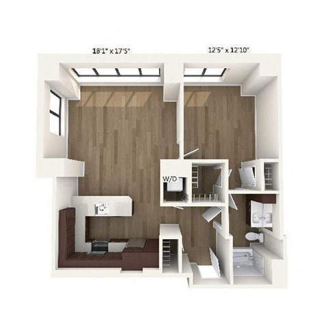 Floor plan for 1 bed, 1 bath, 922 sqft