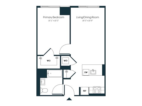 Floor plan for 1 bed, 1 bath, 630 sqft