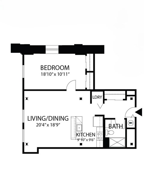 Floor plan for 1 bed, 1 bath, 750 sqft