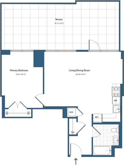 Floor plan for 1 bed, 1 bath, 703 sqft