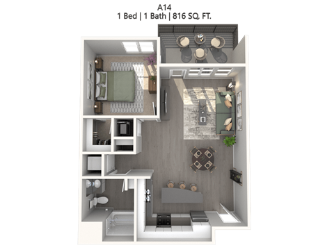 Floor plan for 1 bed, 1 bath, 816 sqft