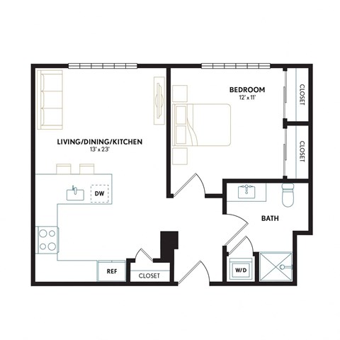 Floor plan for 1 bed, 1 bath, 702 sqft