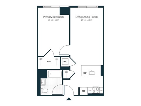 Floor plan for 1 bed, 1 bath, 634 sqft