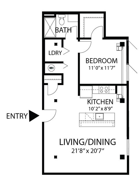 Floor plan for 1 bed, 1 bath, 750 sqft