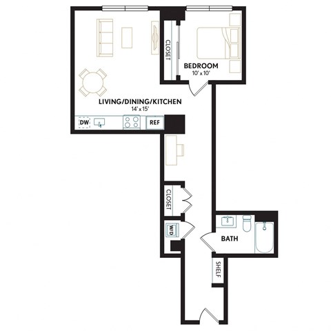 Floor plan for 1 bed, 1 bath, 806 sqft