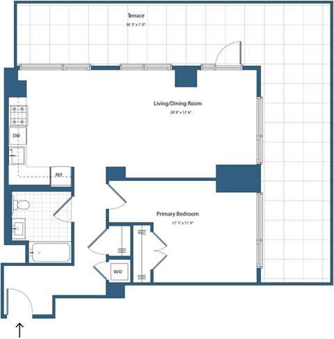 Floor plan for 1 bed, 1 bath, 790 sqft