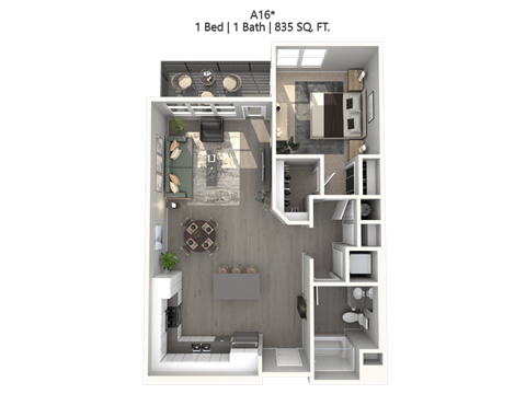Floor plan for 1 bed, 1 bath, 858 sqft