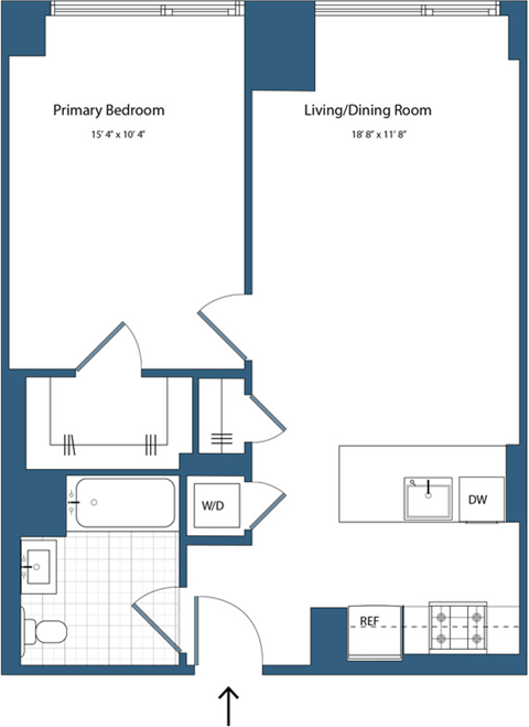 Floor plan for 1 bed, 1 bath, 656 sqft
