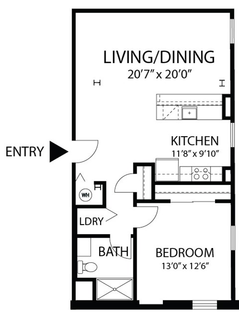 Floor plan for 1 bed, 1 bath, 750 sqft