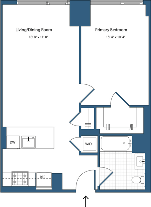 Floor plan for 1 bed, 1 bath, 657 sqft