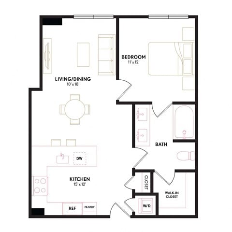 Floor plan for 1 bed, 1 bath, 737 sqft