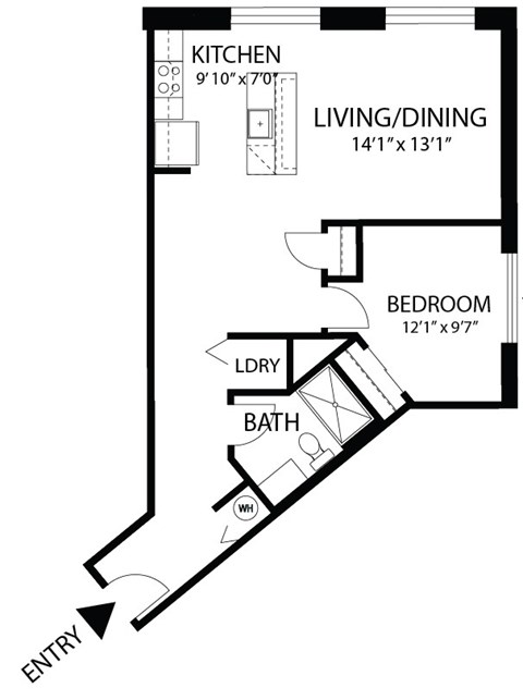 Floor plan for 1 bed, 1 bath, 755 sqft