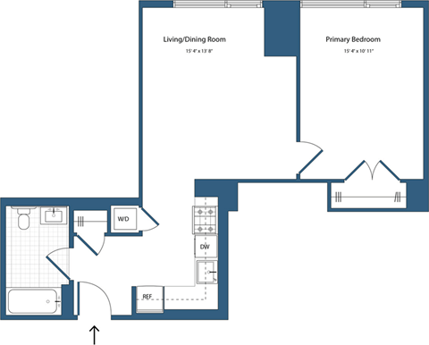 Floor plan for 1 bed, 1 bath, 662 sqft