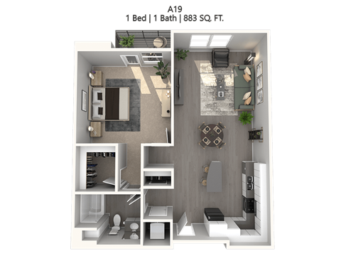 Floor plan for 1 bed, 1 bath, 941 sqft
