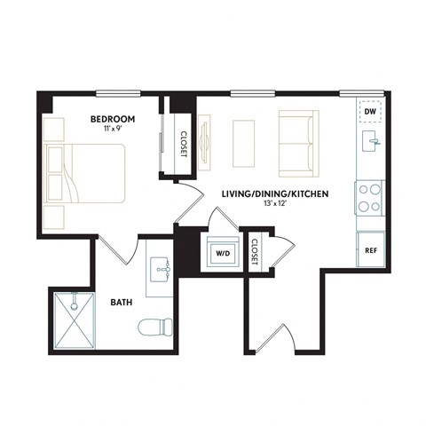 Floor plan for 1 bed, 1 bath, 475 sqft