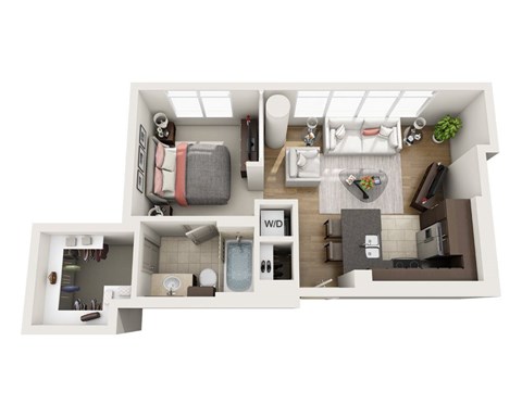 Floor plan for 1 bed, 1 bath, 724 sqft