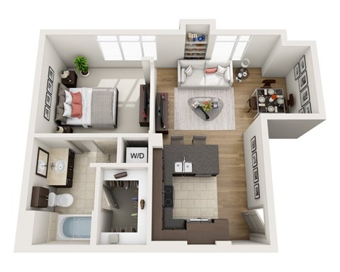 Floor plan for 1 bed, 1 bath, 764 sqft