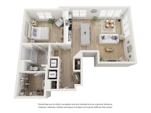 Floor plan for 1 bed, 1 bath, 953 sqft