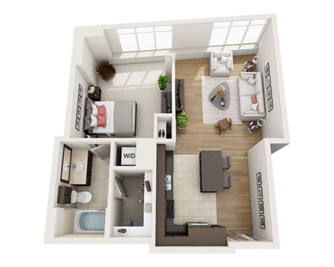 Floor plan for 1 bed, 1 bath, 843 sqft