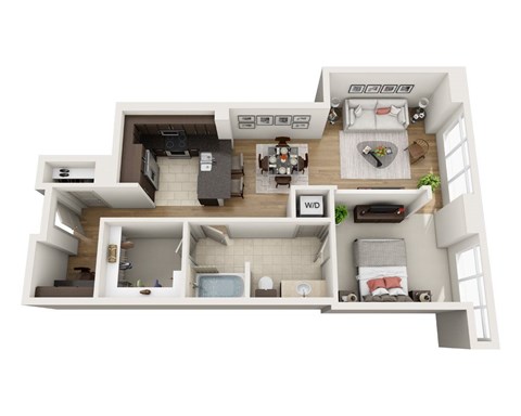 Floor plan for 1 bed, 1 bath, 917 sqft