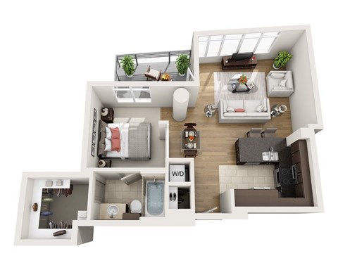 Floor plan for 1 bed, 1 bath, 885 sqft