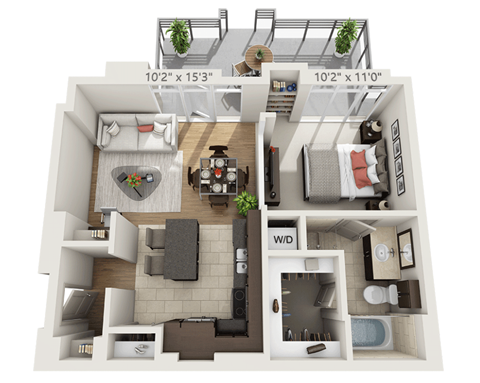 Floor plan for 1 bed, 1 bath, 851 sqft