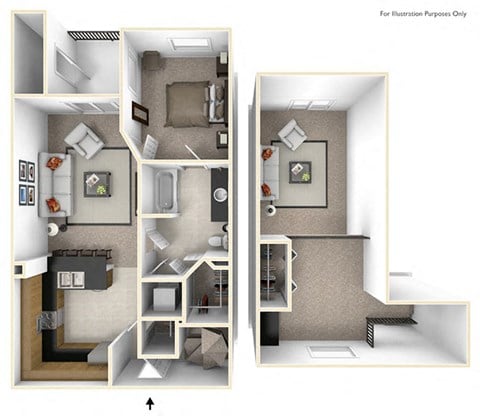 Floor plan for 1 bed, 1 bath, 723 sqft
