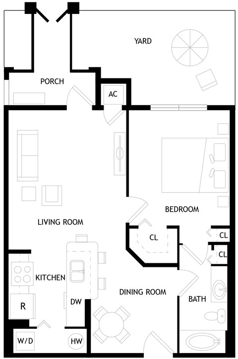Floor plan for 1 bed, 1 bath, 696 sqft