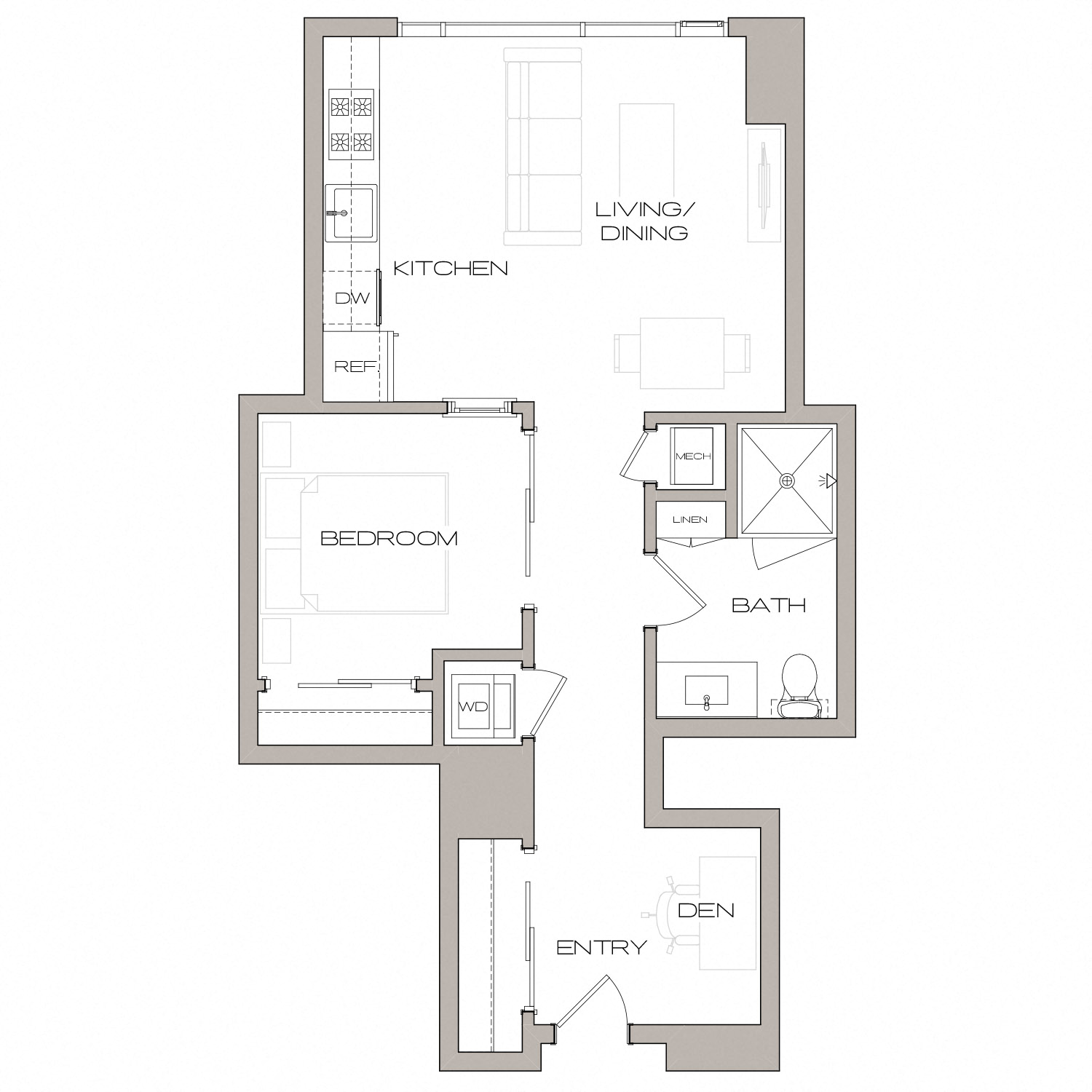 Floor plan for 1 bed, 1 bath, 599 sqft