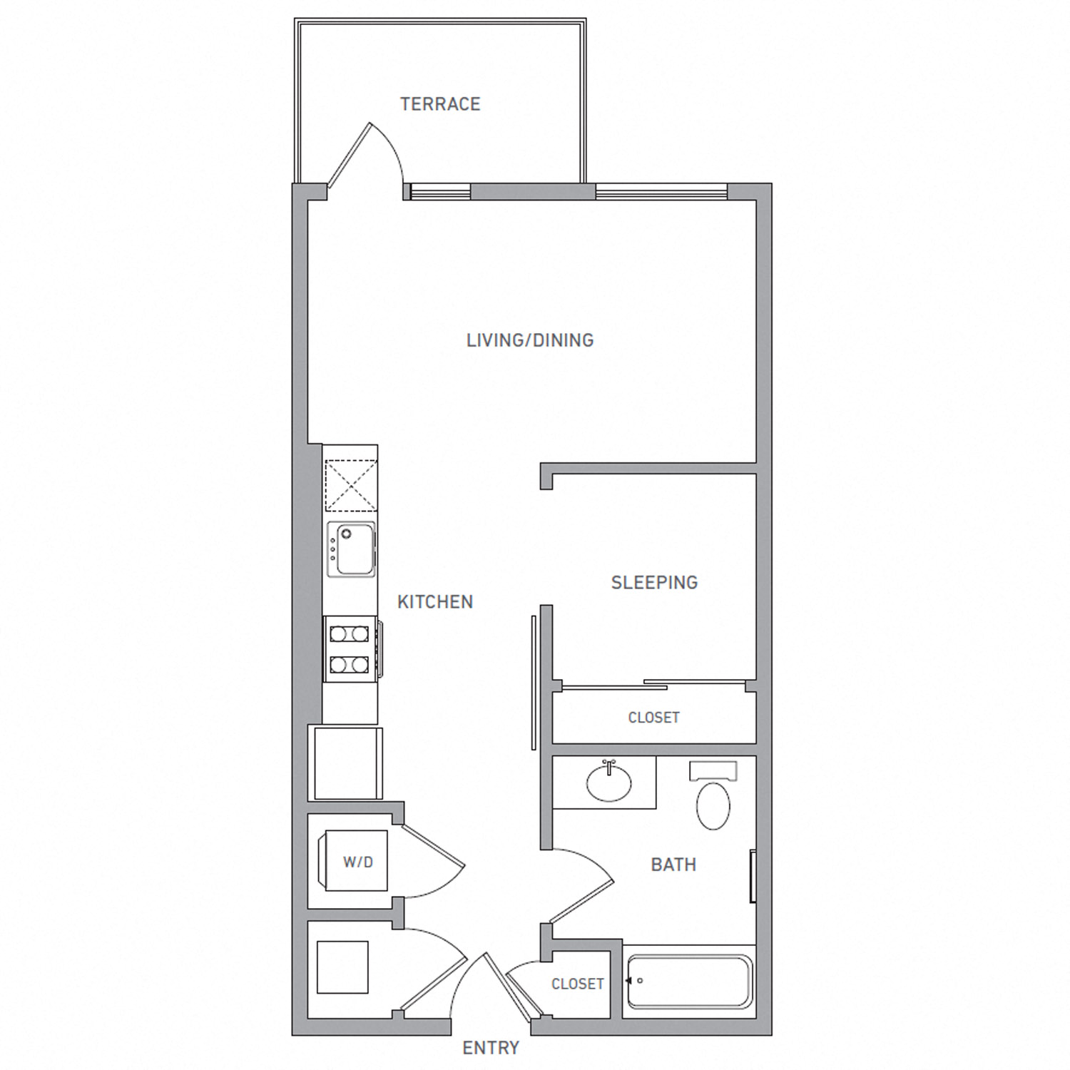 Floor plan for 1 bed, 1 bath, 559 sqft