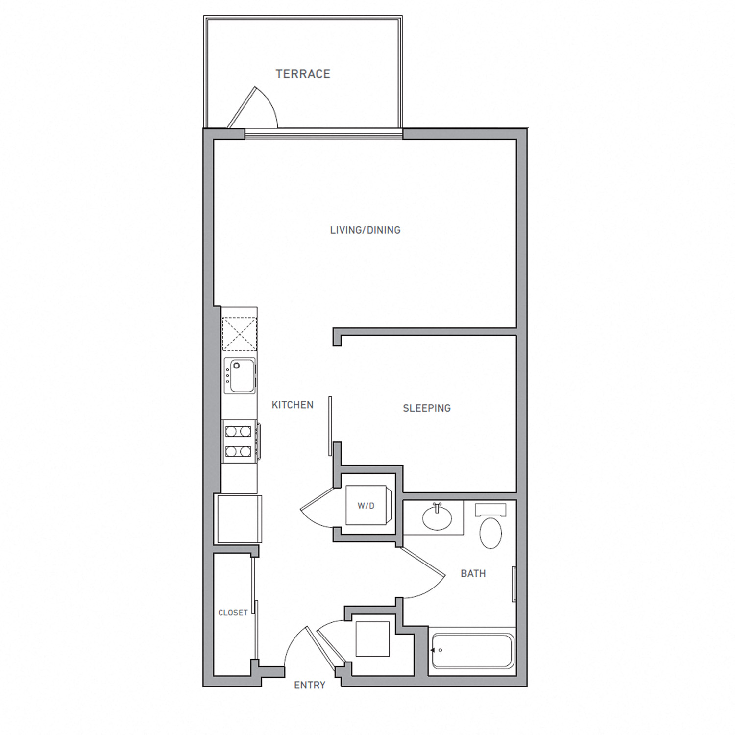 Floor plan for 1 bed, 1 bath, 570 sqft