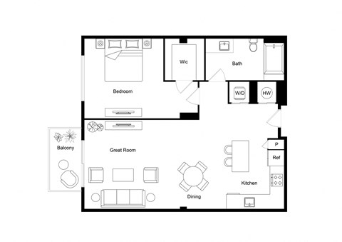 Floor plan for 1 bed, 1 bath, 769 sqft