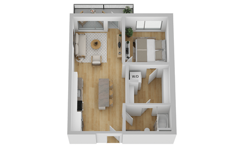 Floor plan for 1 bed, 1 bath, 596 sqft