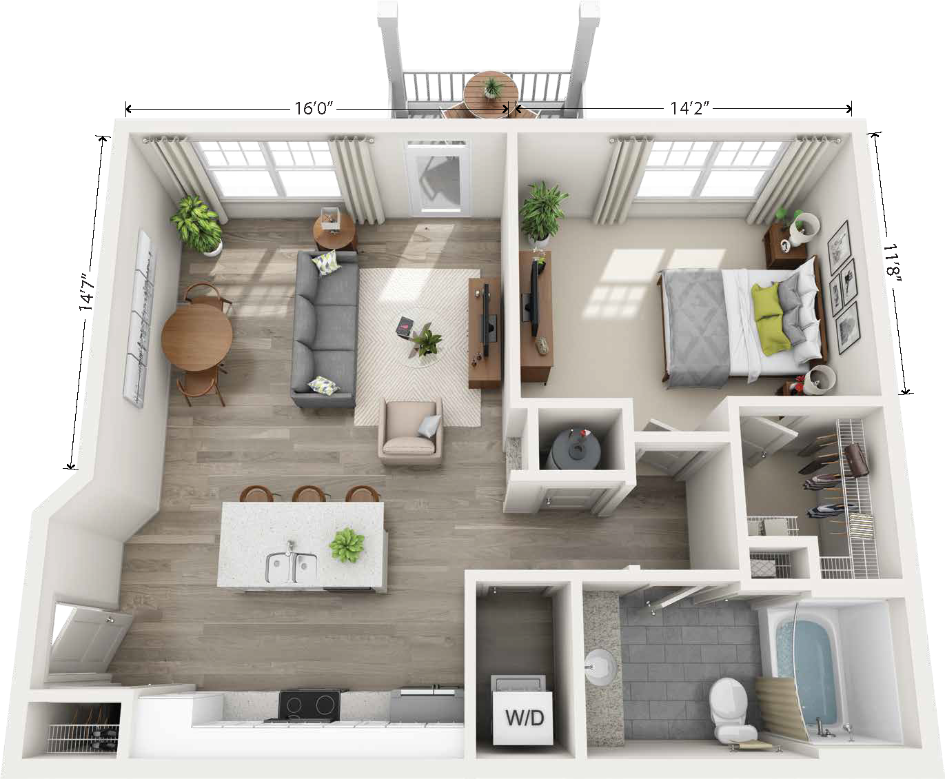 Floor plan for 1 bed, 1 bath, 805 sqft