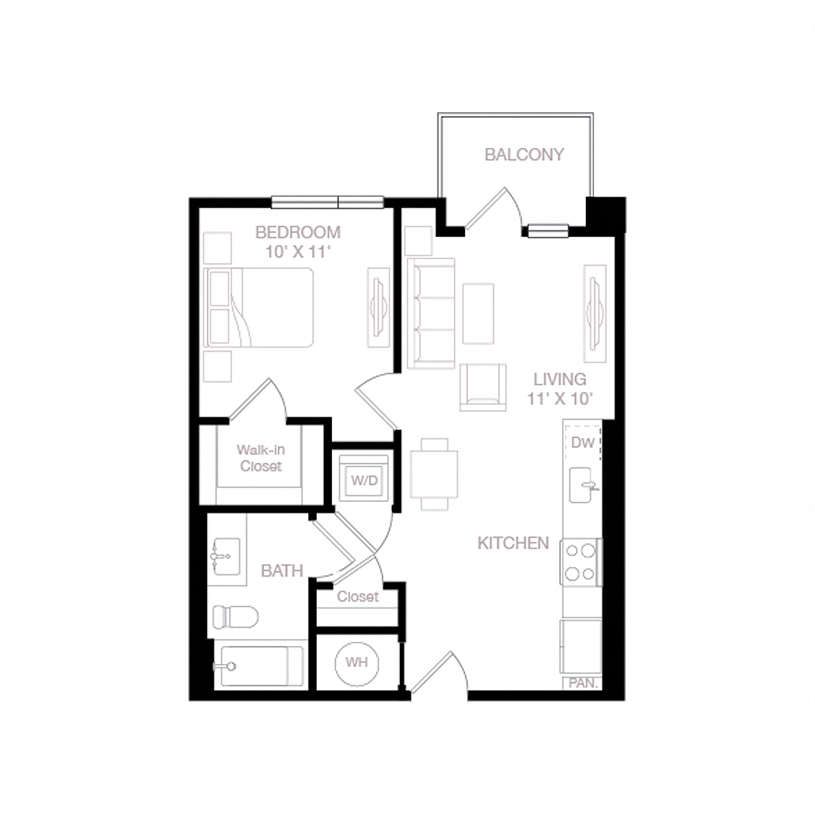 Floor plan for 1 bed, 1 bath, 607 sqft