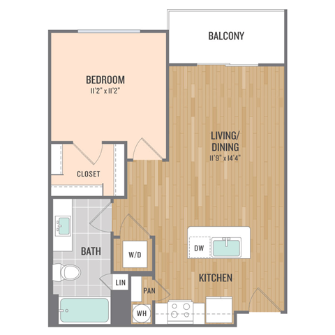 Floor plan for 1 bed, 1 bath, 632 sqft