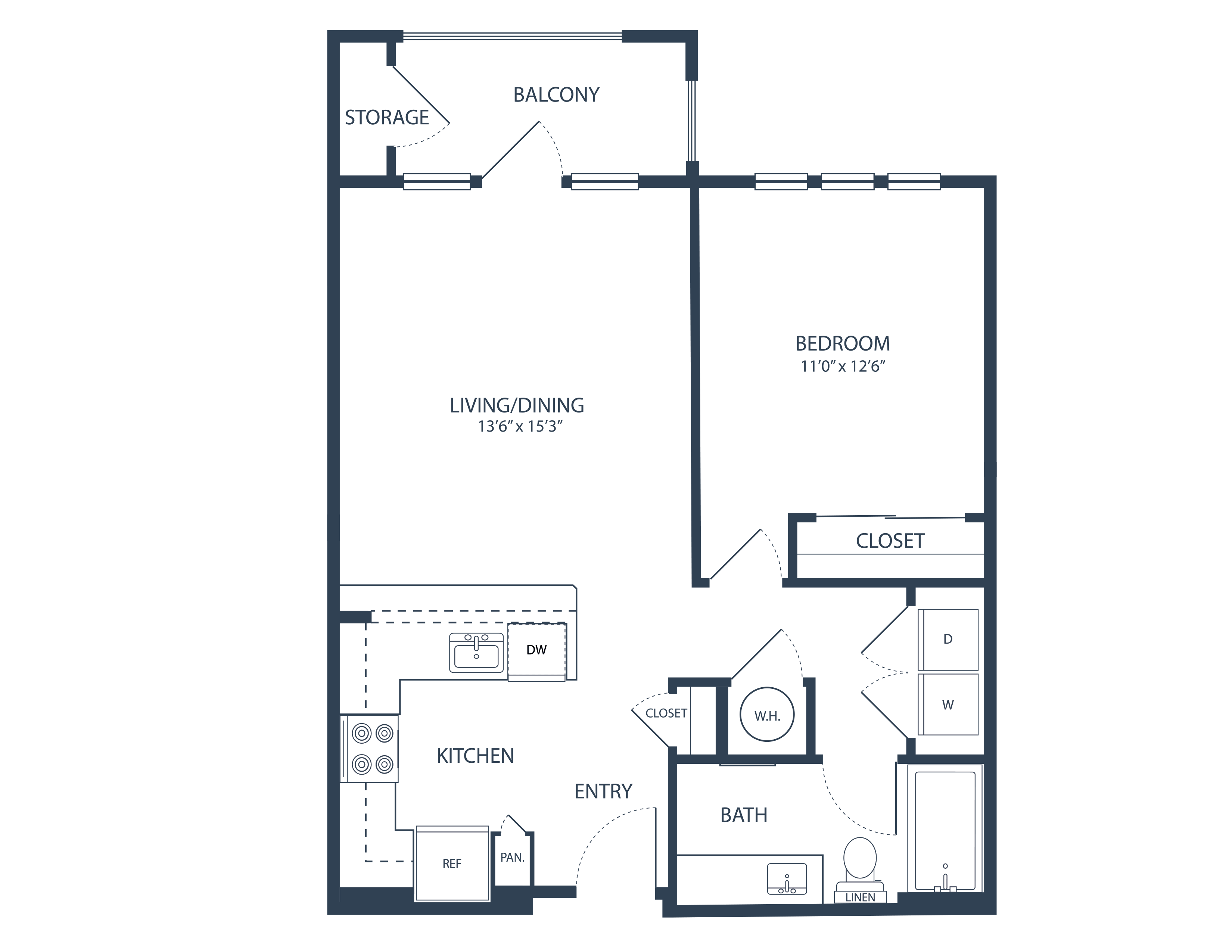 Floor plan for 1 bed, 1 bath, 726 sqft