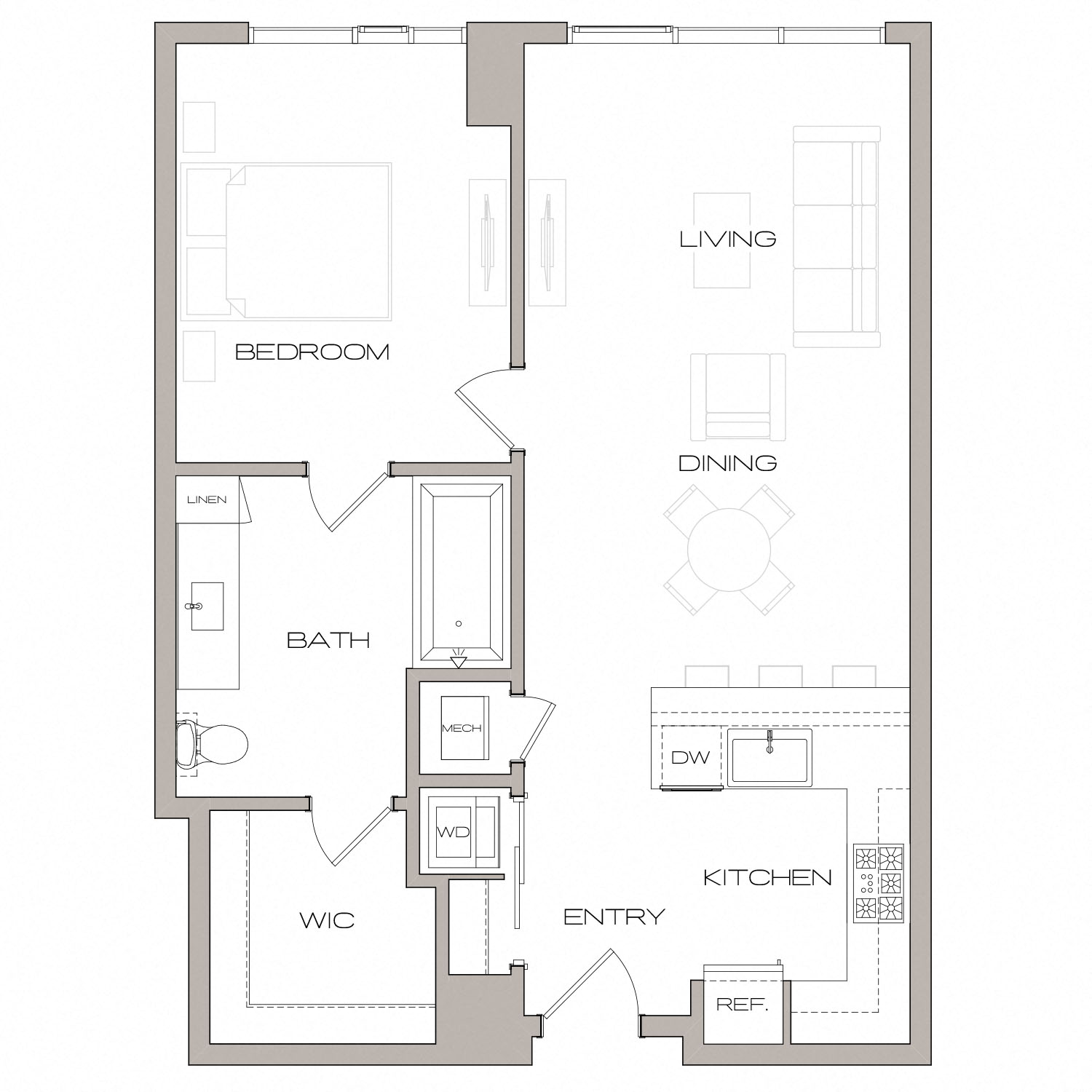 Floor plan for 1 bed, 1 bath, 762 sqft