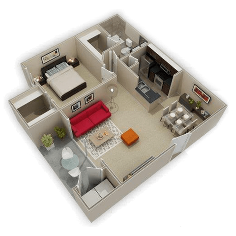 Floor plan for 1 bed, 1 bath, 672 sqft