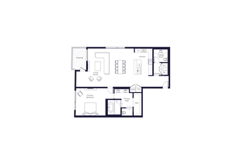 Floor plan for 1 bed, 1.5 baths, 1611 sqft