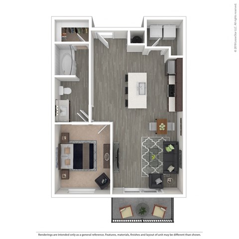 Floor plan for 1 bed, 1 bath, 749 sqft