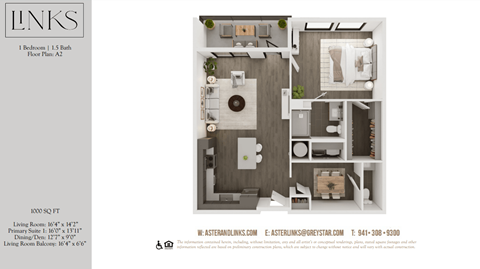 Floor plan for 1 bed, 1.5 baths, 1000 sqft