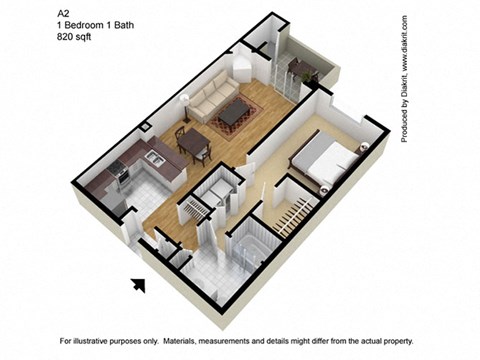 Floor plan for 1 bed, 1 bath, 820 sqft