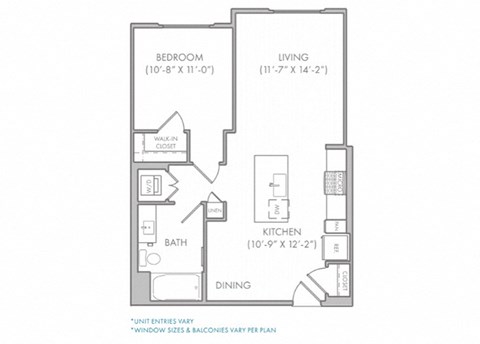 Floor plan for 1 bed, 1 bath, 736 sqft