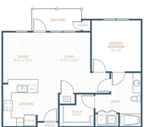 Floor plan for 1 bed, 1 bath, 870 sqft
