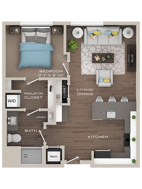 Floor plan for 1 bed, 1 bath, 599 sqft