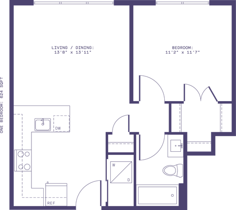 Floor plan for 1 bed, 1 bath, 624 sqft