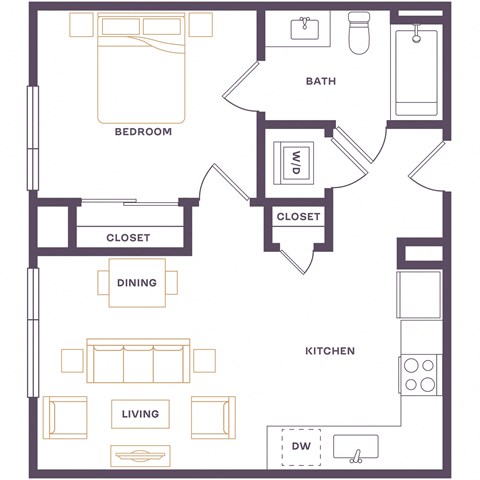 Floor plan for 1 bed, 1 bath, 529 sqft