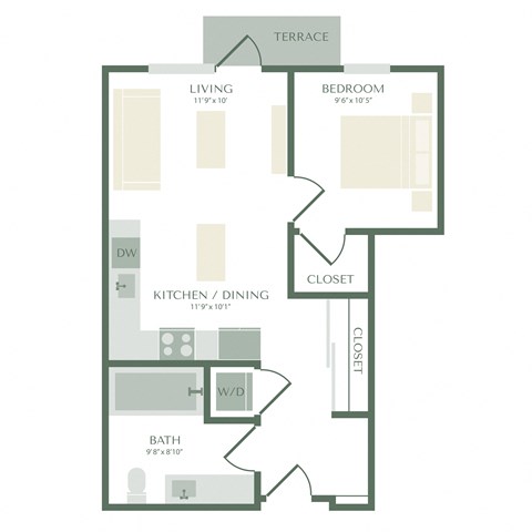 Floor plan for 1 bed, 1 bath, 607 sqft